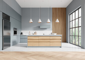 Stylish home kitchen interior with bar island and cabinet, panoramic window