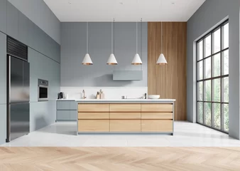 Fotobehang Stylish home kitchen interior with bar island and cabinet, panoramic window © ImageFlow