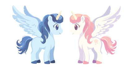 Little winged pony and unicorn Flat vector isolated