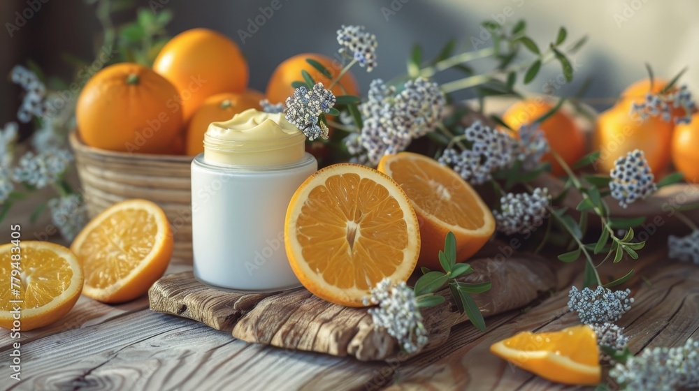 Poster artistic capture of oranges and face cream in a tranquil setting ai generated illustration
