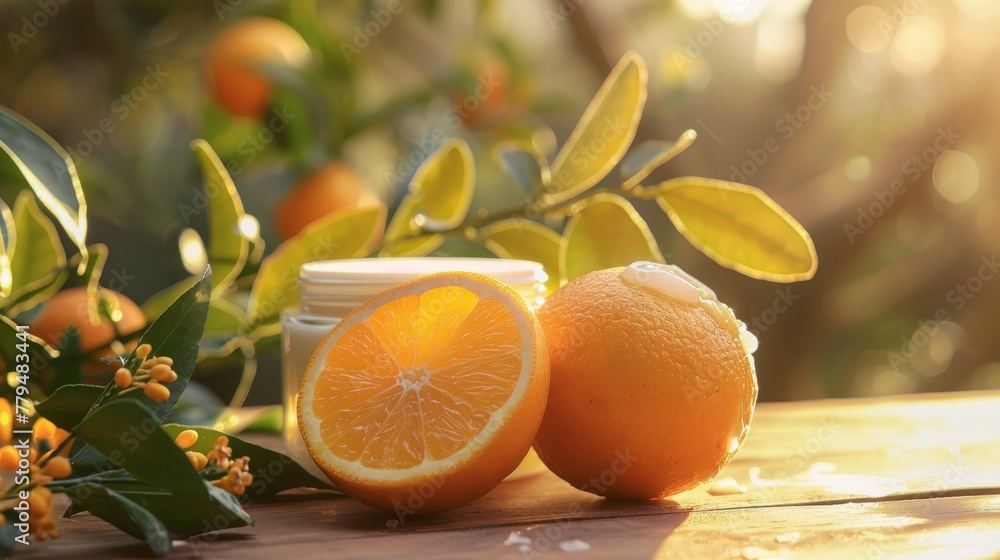Aufkleber artistic capture of oranges and face cream in a tranquil setting ai generated illustration