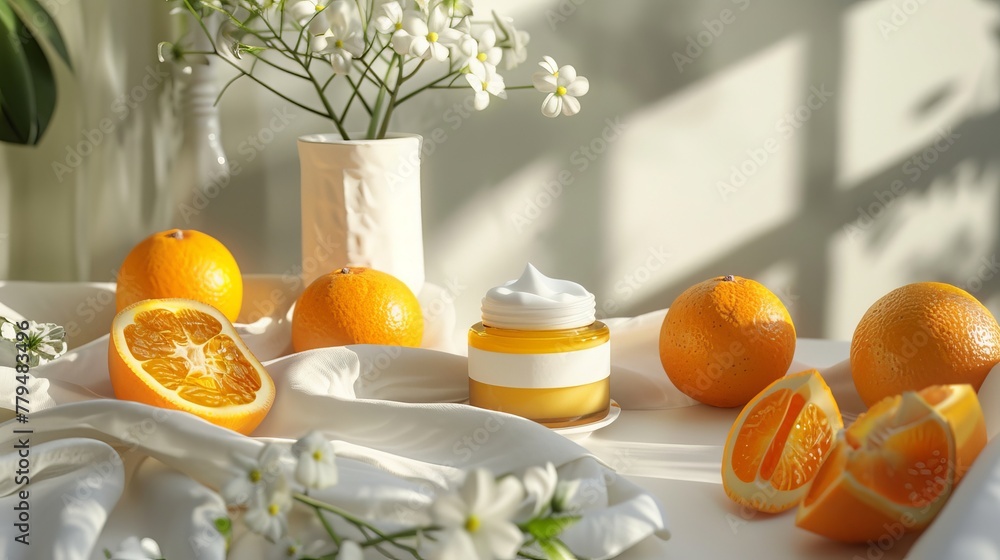 Aufkleber artistic capture of oranges and face cream in a tranquil setting ai generated illustration