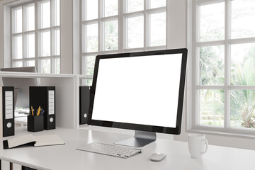 Modern business interior with pc computer on table with mockup screen