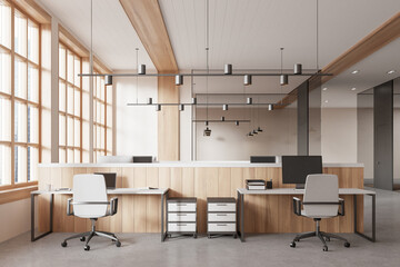 White and wooden open space office interior - obrazy, fototapety, plakaty