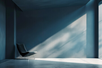 simple wooden chair sits in a corner of a room with a calming blue wall