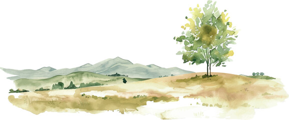 watercolor illustration background landscape with lonely tree