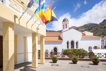 Church (Parroquia) de Nuestra Senora del Socorro and police station in the old mountain village Tejeda in the center of the island Grand Canary (Gran Canaria), Canary Islands, Spain
