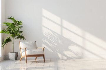 simple room with a wooden armchair and a potted plant  - obrazy, fototapety, plakaty