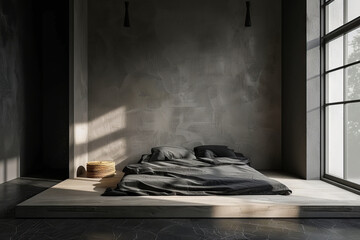 simple bedroom  featuring a mattress on the floor positioned next to a window. - obrazy, fototapety, plakaty