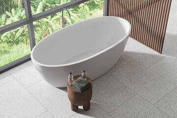 Top view of hotel bathroom interior with bathtub and panoramic window
