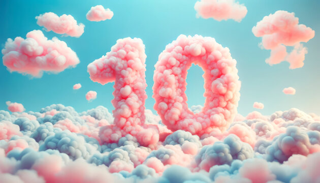 Number 10 crafted from billowing pink clouds floating in a serene blue sky, perfect for dreamlike and celebratory themes.