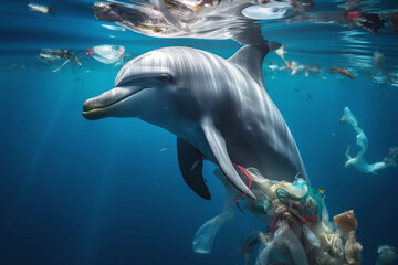 Dolphin navigating through floating ocean trash.