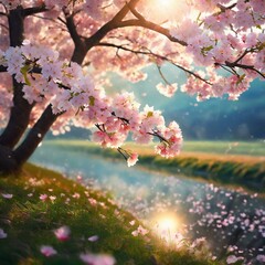 Fototapeta premium flowers set against a backdrop of expansive copy space,,tree in spring the ethereal beauty of cherry blossom 