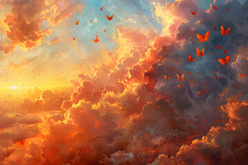 A painting depicting a sunset with butterflies in the amber sky