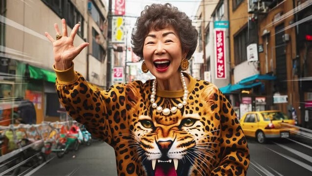 Osaka&rsquo;s auntie wearing a leopard print sweatshirt is waving her hand in the meeting place.  