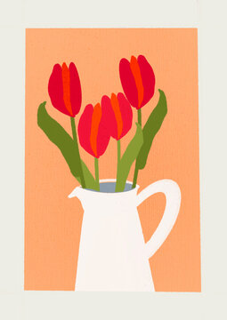 Bunch of tulips in vase against orange background