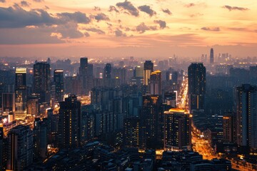 Cityscape, Busy metropolitan cityscape at dusk with skyline illuminated, AI generated