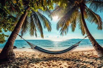 Beach scene hammock,  Calm beach scene with hammock between two palm trees, AI generated