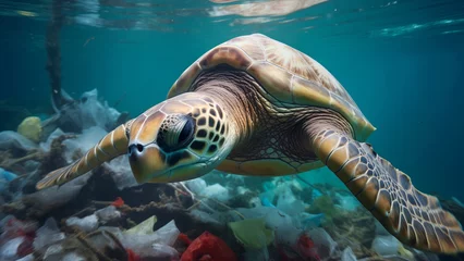 Poster Sea turtle swimming over coral surrounded by plastic waste. © lenblr