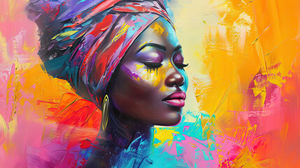 Abstract painting concept. Colorful art portrait of a black woman with modern turban - obrazy, fototapety, plakaty
