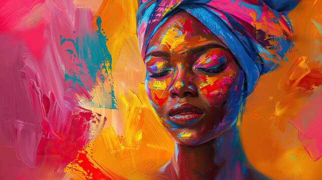 Abstract painting concept. Colorful art portrait of a black woman with modern turban