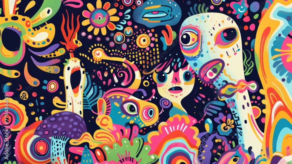 Poster cartoon-style characters and psychedelic patterns in a whimsical scene ai generated illustration