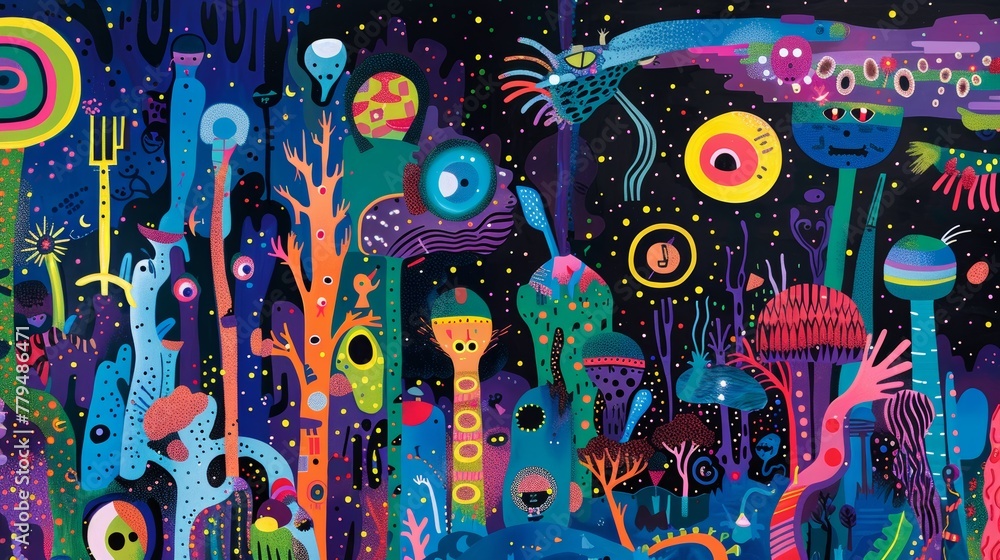 Aufkleber cartoon-style characters and psychedelic patterns in a whimsical scene ai generated illustration