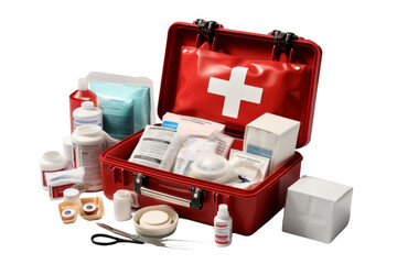 Red First Aid Kit Case for Emergency Medical Supplies. On a White or Clear Surface PNG Transparent Background.