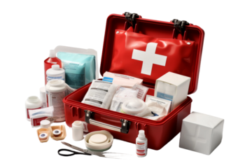 Red First Aid Kit Case for Emergency Medical Supplies. On a White or Clear Surface PNG Transparent Background.