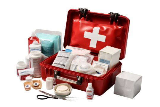 Red First Aid Kit Case for Emergency Medical Supplies. On a White or Clear Surface PNG Transparent Background.