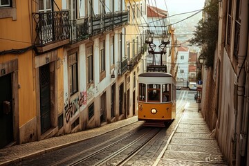 Characterful old trams on a steep, narrow street , AI generated