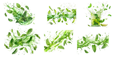 Mint leaves splashing in green juice isolated on a white background  - obrazy, fototapety, plakaty