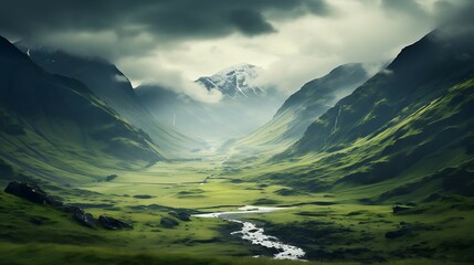 A mountain range covered in clouds and a foggy sky. The mountains are covered in green grass and the sky is cloudy - obrazy, fototapety, plakaty