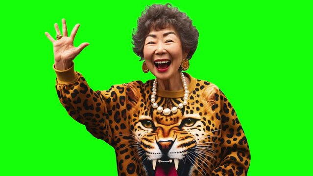 Osaka’s auntie wearing a leopard print sweatshirt is waving her hand in the meeting place.  green background.