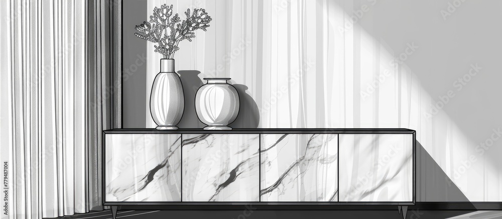 Poster a monochrome illustration of a marble cabinet featuring vases and plants on top, set against a backd