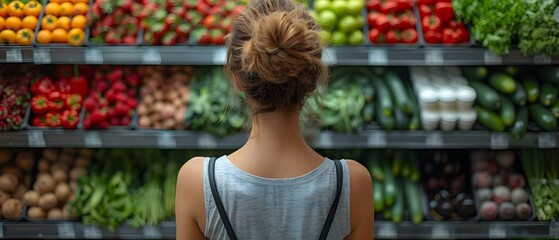 Woman comparing grocery products for nutrition prices and ingredients showing consumer behavior. Concept Grocery Shopping, Comparative Analysis, Consumer Behavior, Nutrition Labels - obrazy, fototapety, plakaty