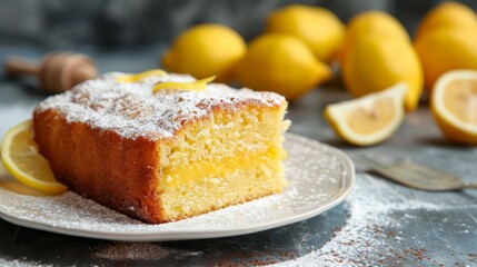 Lemon baked cake, tasty classic dessert on a plate