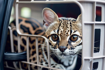 ocelot in a portable cage