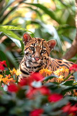 small ocelot in tropical flowers