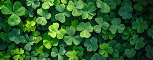 Detail of a green clover in wide banner shape. Patrick's Day theme. copy space for text