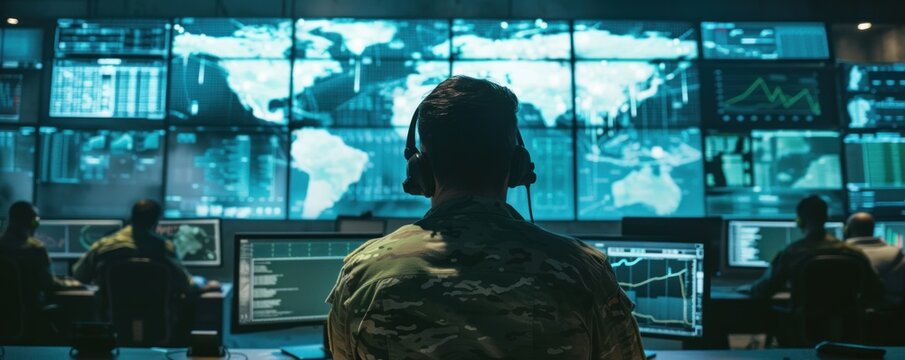 Military people with computer screens. Soldiers in the command room monitoring data on earth map
