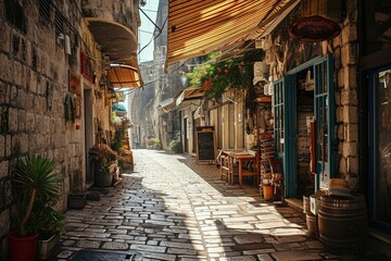 Fototapeta premium Cobbled streets of a bustling marketplace, Ai Generated