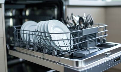 Opened dishwasher with cleaned plates in kitchen. banner.