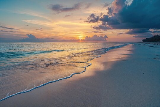 Wanderlust background with Magical Sunset Beach. Tranquil Vacation Destination.