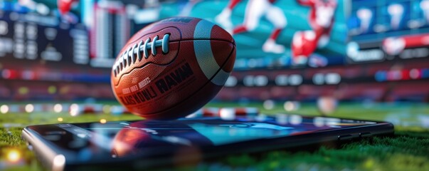 Sports betting concept. Rugby ball on football stadium. copy space for text