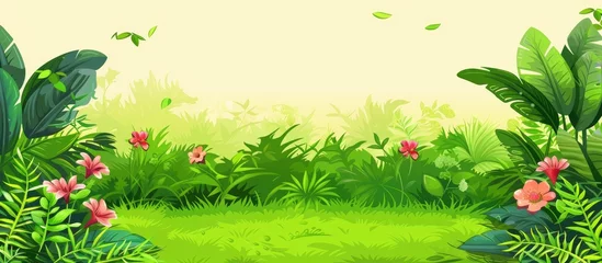 Fotobehang A joyful cartoon illustration of a vibrant green field filled with colorful flowers and lush leaves, creating a natural landscape that brings happiness and entertainment to people in nature © AkuAku