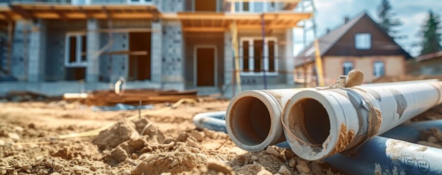 Sewage pipes instaling on the construction of a house