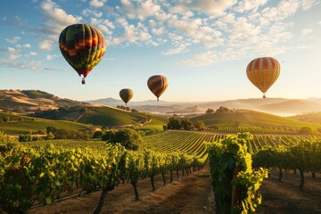 Air balloons, Colorful hot air balloons flying over picturesque vineyards, AI generated