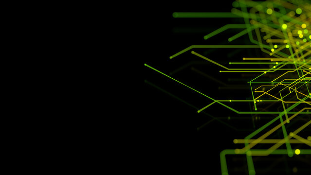 Futuristic Neon Lines form a High-Tech Structure. Green and Yellow Connectivity Concept with copy-space.