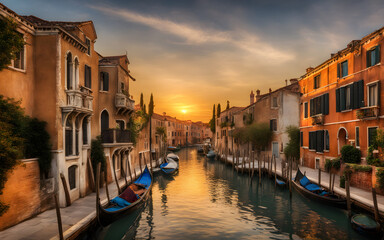 Golden hour at Venice canals, warm light reflecting on water, romantic, timeless beauty.